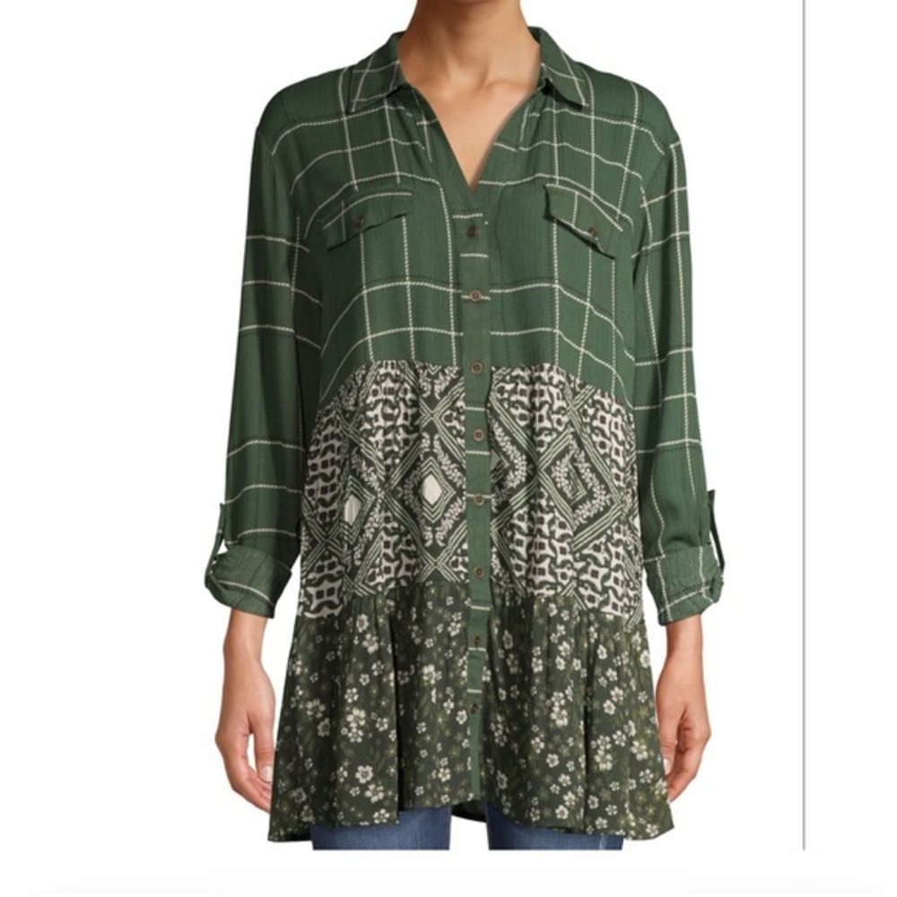 Tru Self Women’s 2X Green Textured Long Sleeve Tunic Boho Plus Sz